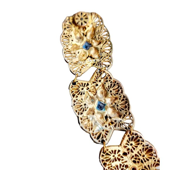 Vintage Czech Faceted Glass & Brass Filigree Bracelet (A4270) - Picture 6 of 9